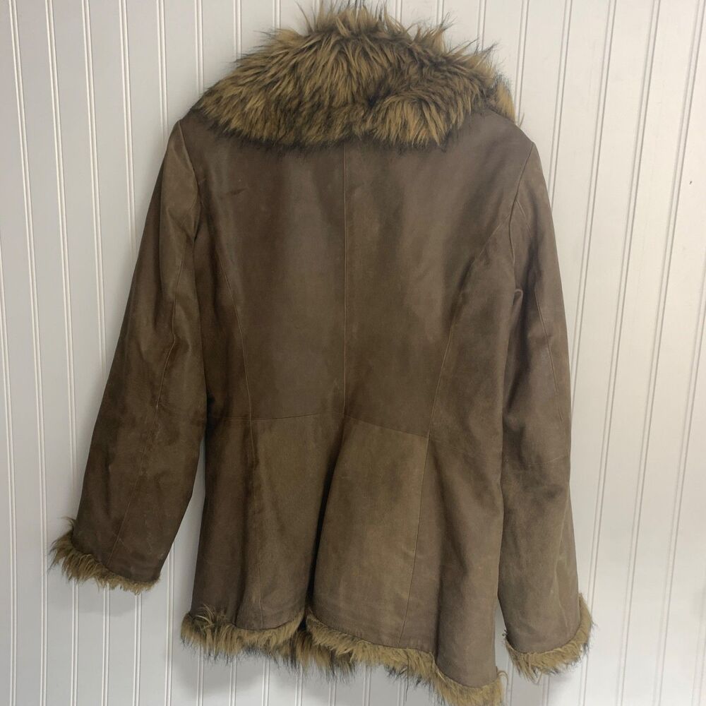 Vintage Newport News Leather Coat Womens M Brown Faux Fur Trim Y2K Boho - Picture 10 of 14